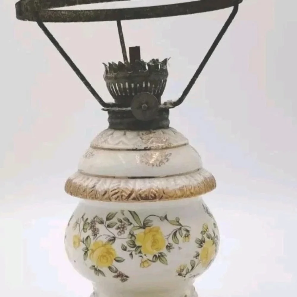Vintage Oil Lamp Hand Painted Floral Yellow And Gold. No Shade.